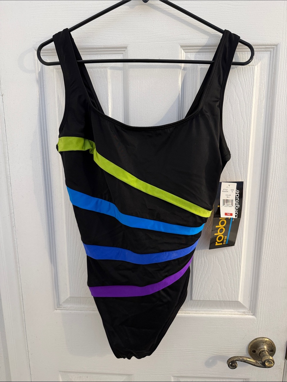 NWT Size 16 Longitude Black One-Piece Swimsuit with Lime, Blue & Purple Stripes